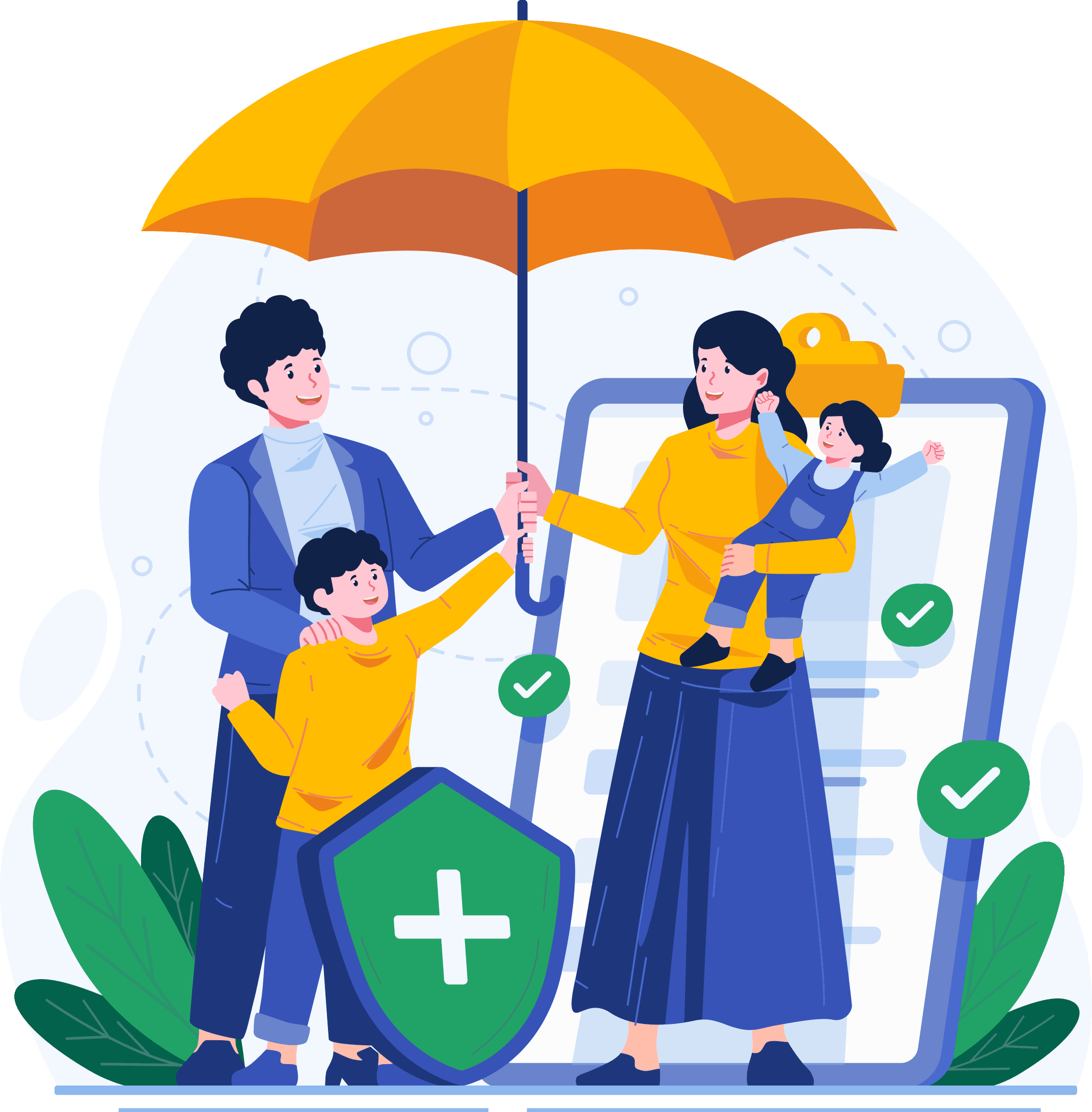 Illustration of a family under an umbrella with financial symbols